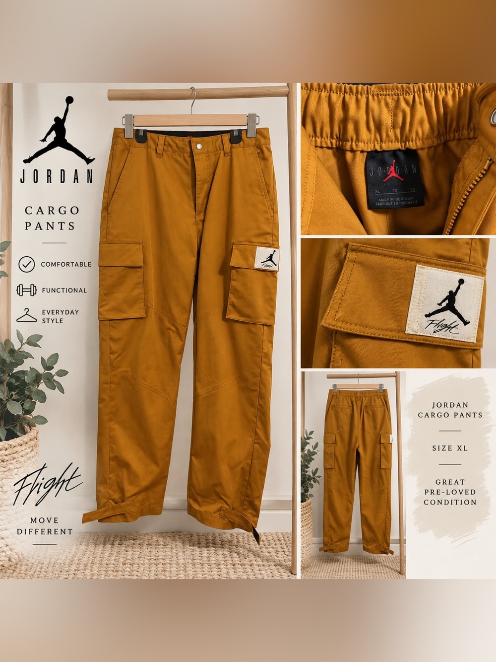 Jordan Flight Utility Cargo Pants Men’s XL Mustard Brown Adjustable Hem
